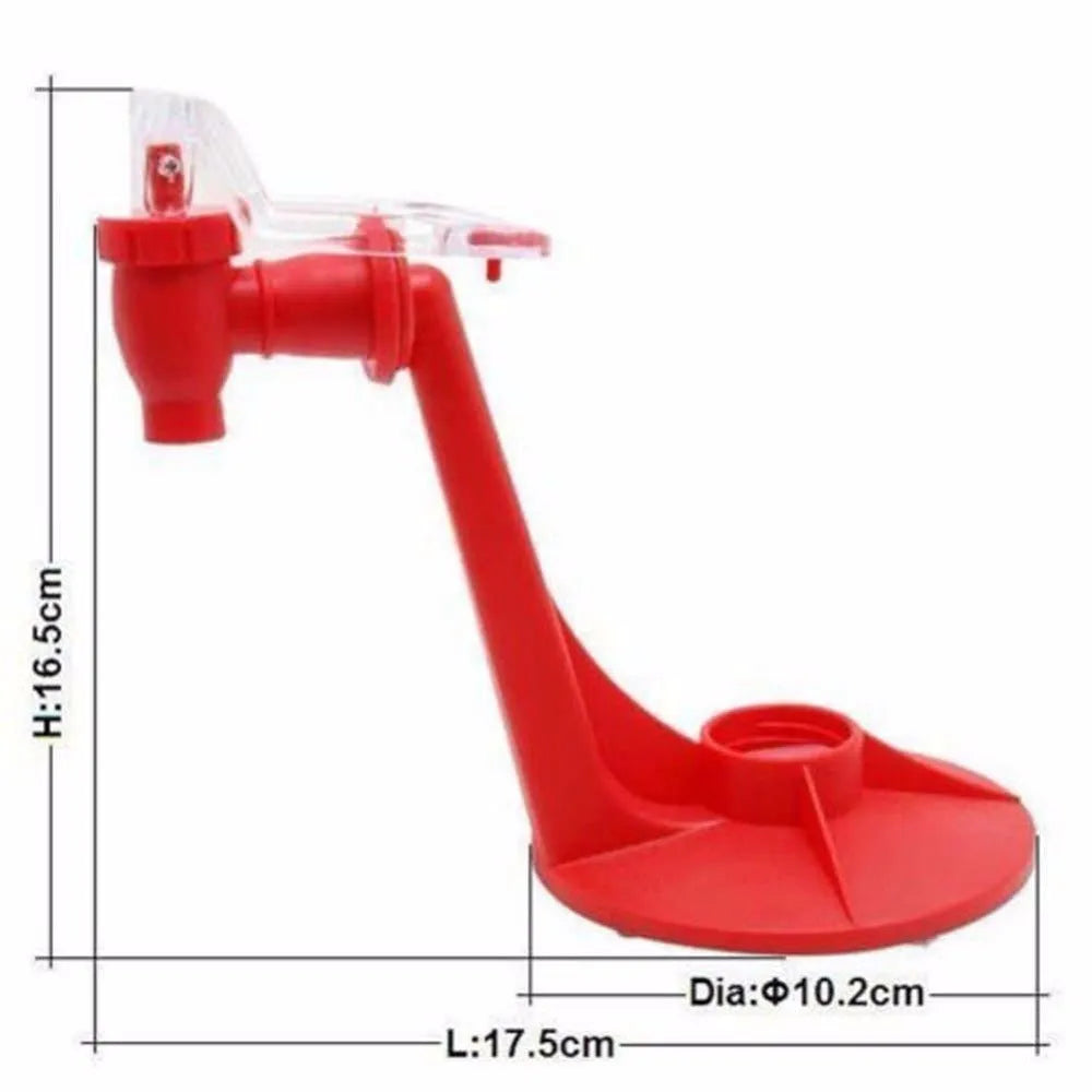 Red plastic Magic Tap soda bottle dispenser attached to a 2-litre bottle