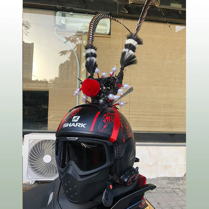Zijin crown feather motorcycle helmet decoration with 1.1m quill and gold crown ornament in black colour
