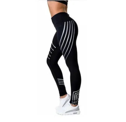 Women's black and white print workout leggings with slim fit pencil pants design.