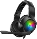 ONIKUMA K19 gaming headset in black with RGB LED lighting and omnidirectional microphone on a desk