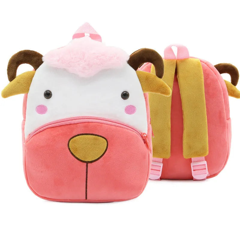 Small cloth animal backpack for kindergarten children, 26.5x24x10.5cm, with zipper pocket, available in multiple colours