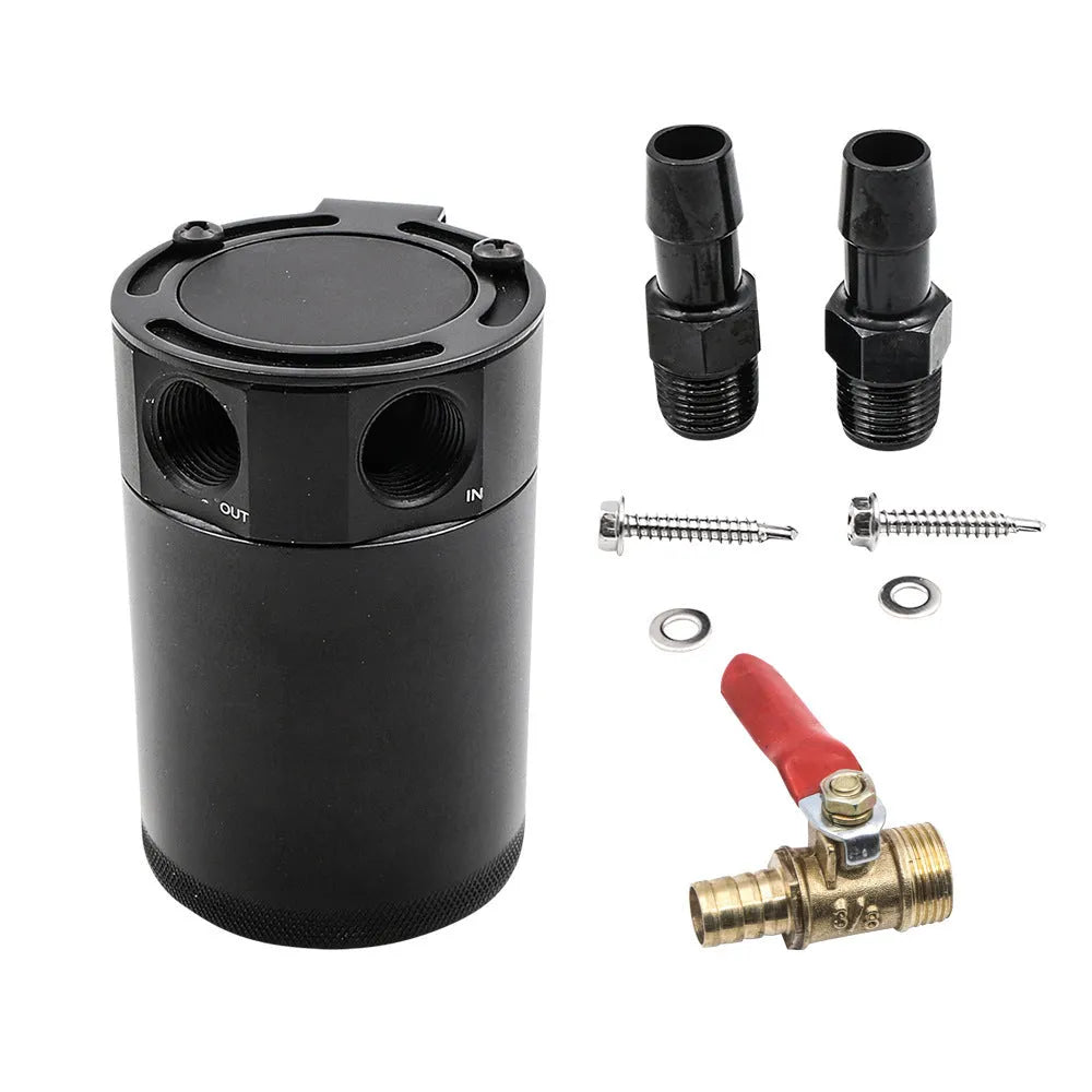 Black aluminium automotive oil pot with two-hole breather design and connectors