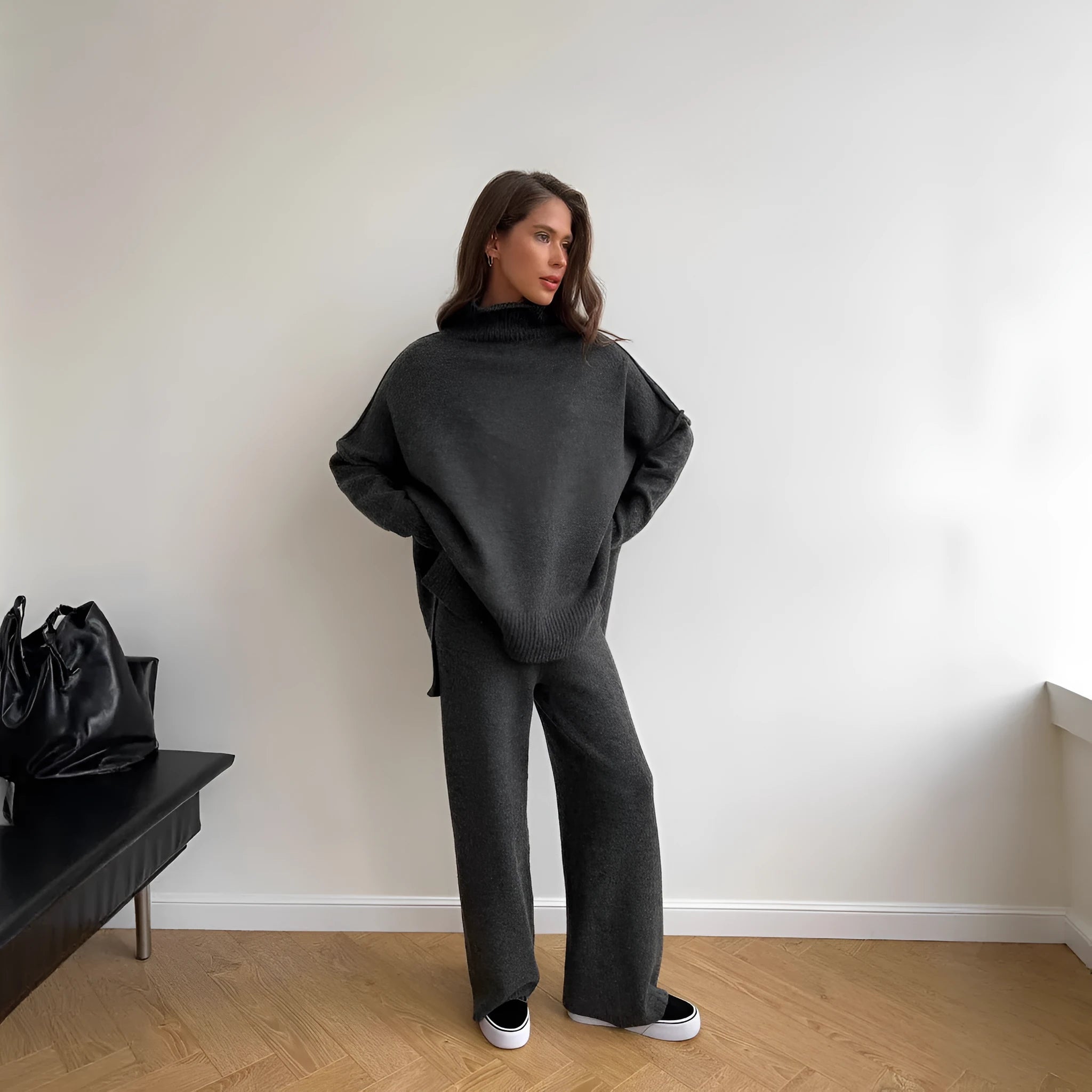 Women's long-sleeved acrylic sweater and matching trousers suit set in solid colour