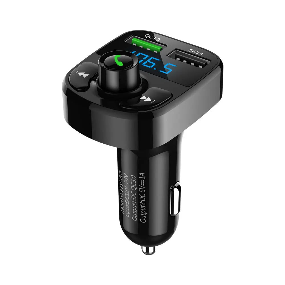 HY82 car Bluetooth MP3 player unit for cigarette lighter socket with USB ports and display.