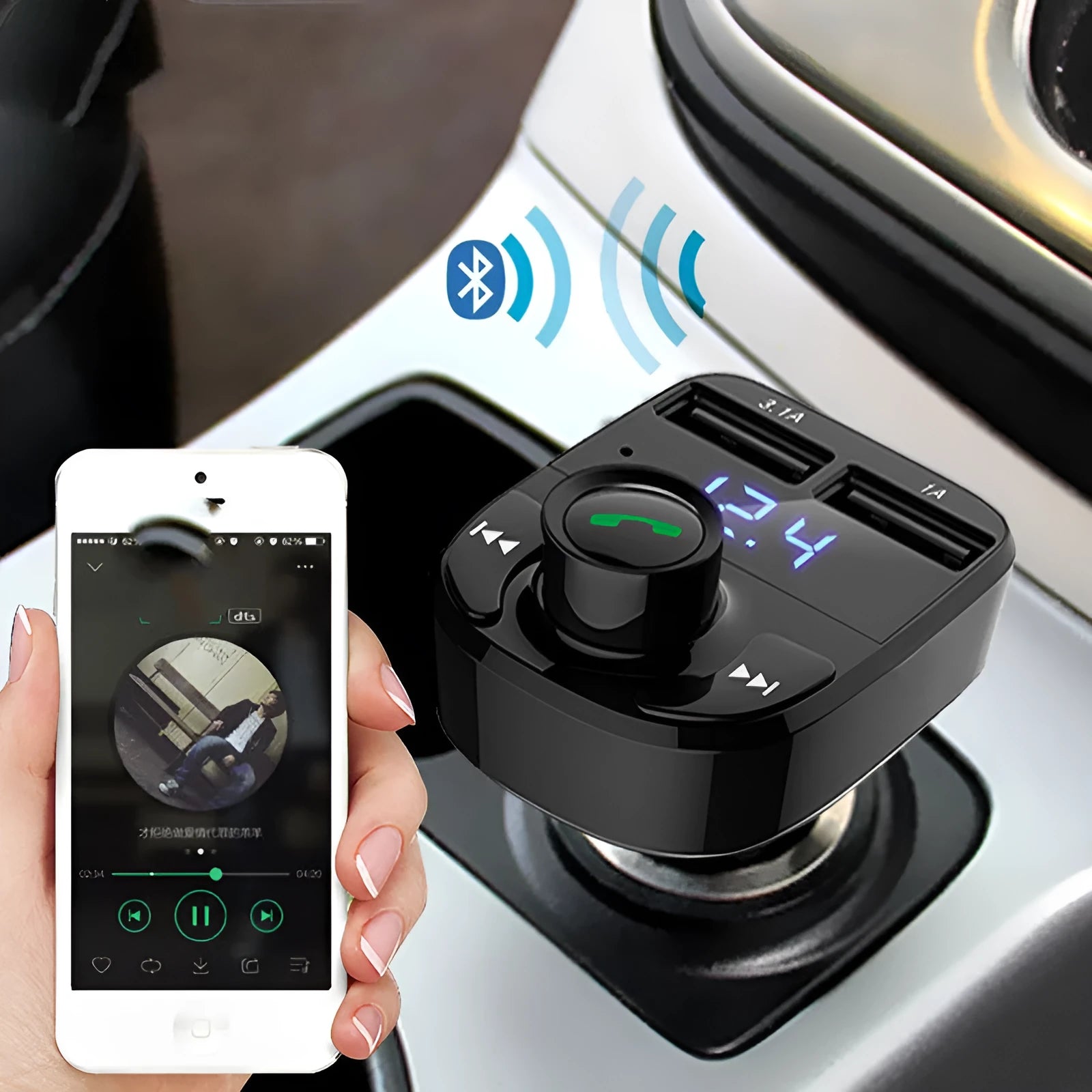 HY82 car Bluetooth MP3 player unit for cigarette lighter socket with USB ports and display.