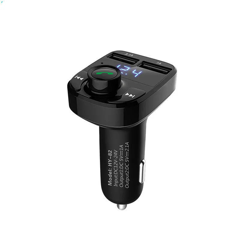 HY82 car Bluetooth MP3 player unit for cigarette lighter socket with USB ports and display.
