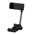 Black ABS plastic mobile phone bracket mounted on car rearview mirror holding a smartphone