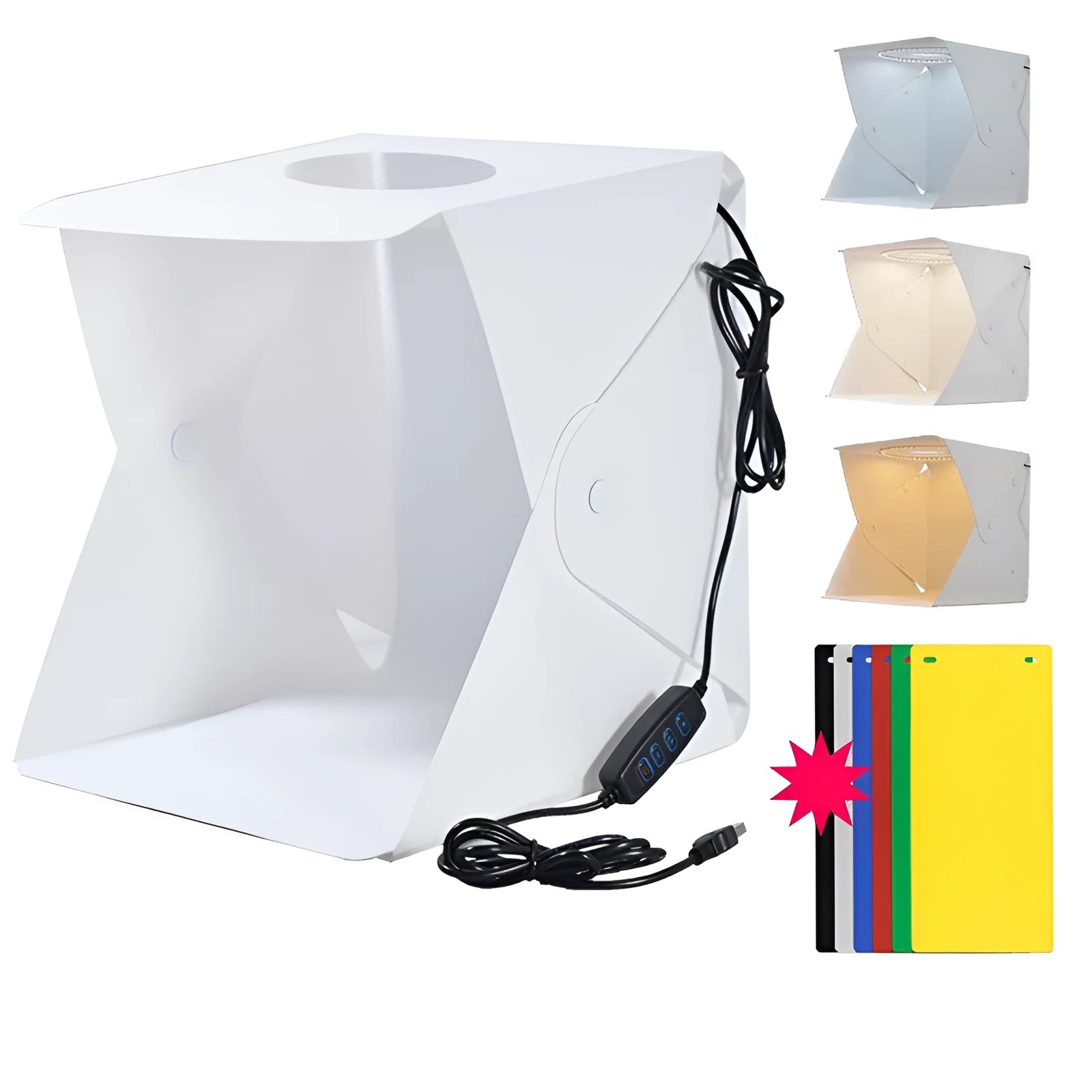 40cm folding studio LED soft light box with adjustable colour temperature and six colourful background cloths laid out.