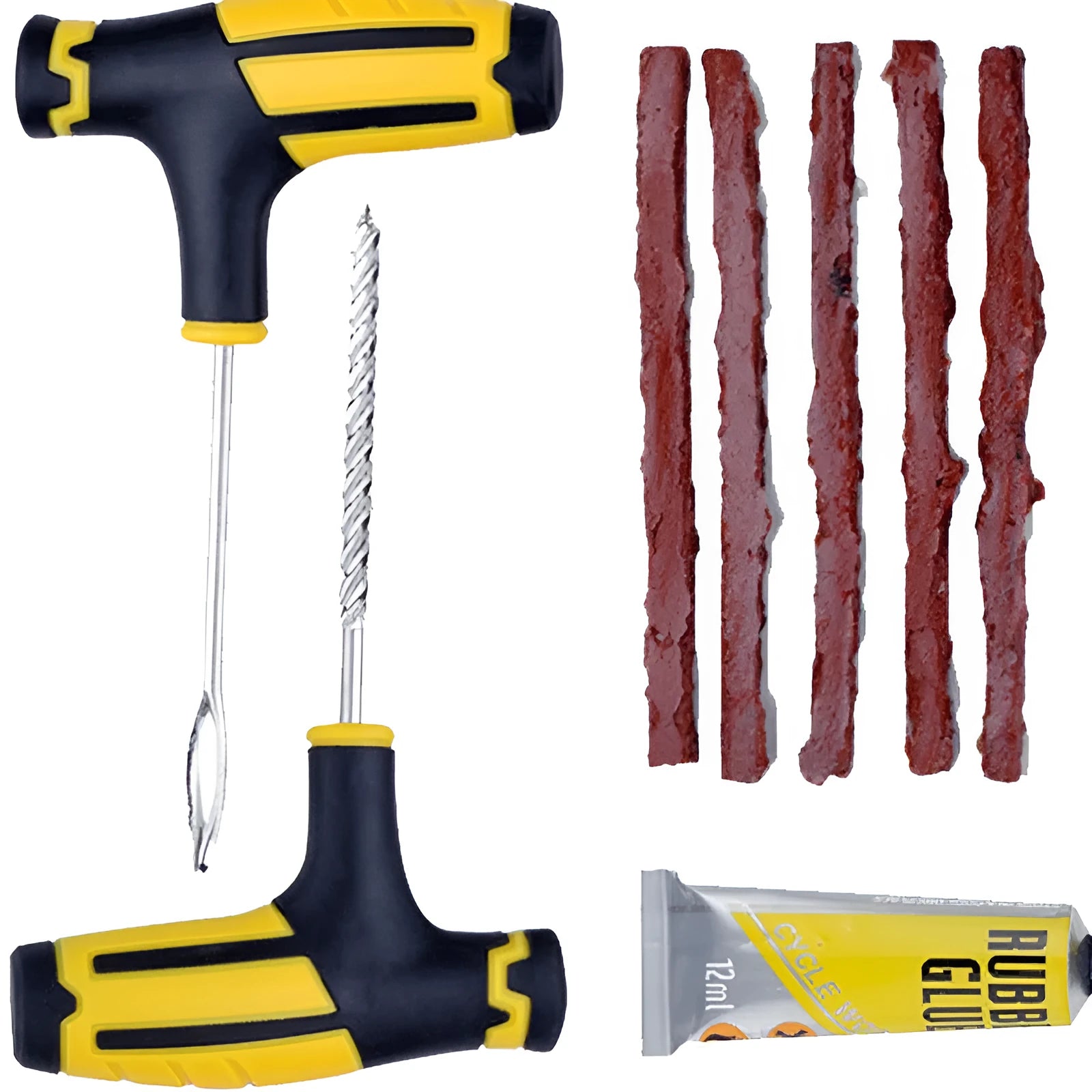 Automobile tire emergency repair tool set with ABS and 45 steel parts in colour paper card blister packaging
