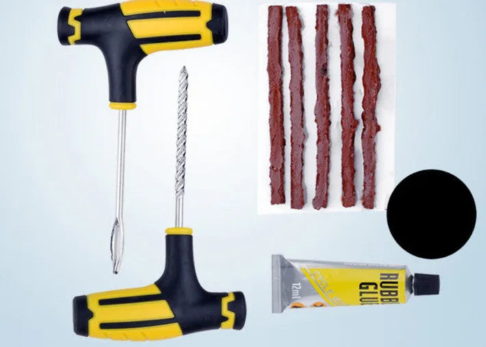 Automobile tire emergency repair tool set with ABS and 45 steel parts in colour paper card blister packaging
