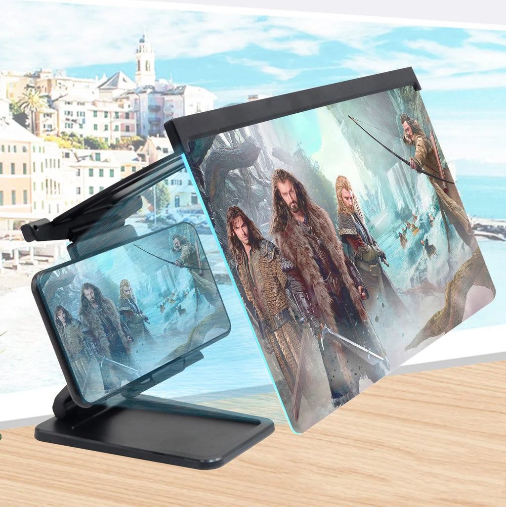 Black mobile phone screen magnifier with 12-inch display and separate bracket stand