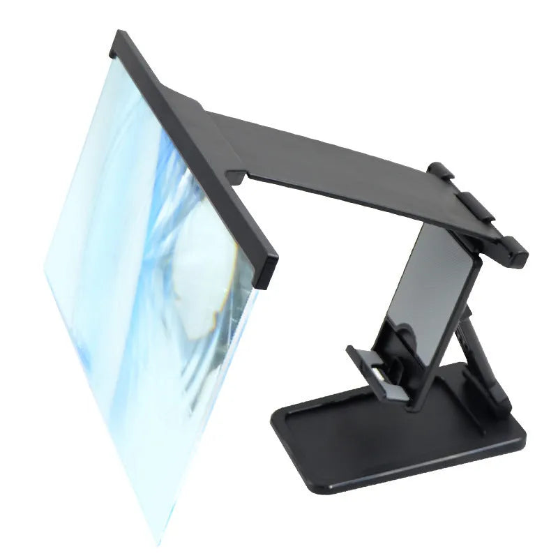 Black mobile phone screen magnifier with 12-inch display and separate bracket stand