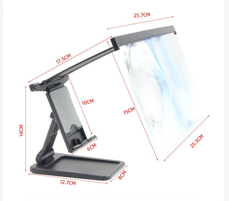 Black mobile phone screen magnifier with 12-inch display and separate bracket stand