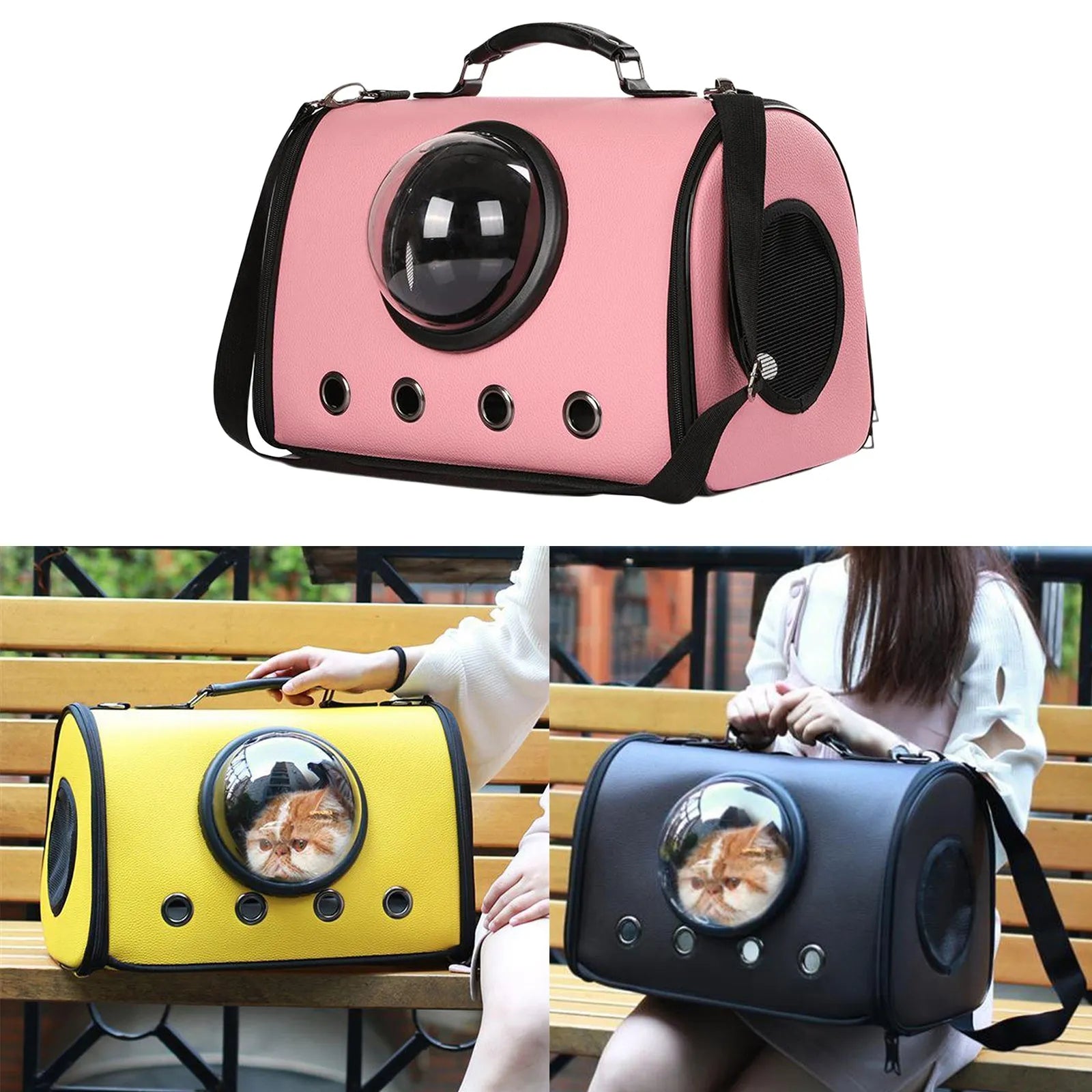 Grey pet carrier backpack for small dogs and cats with PU leather and polyester material, 44x26x31cm size