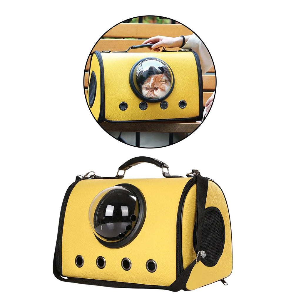 Grey pet carrier backpack for small dogs and cats with PU leather and polyester material, 44x26x31cm size
