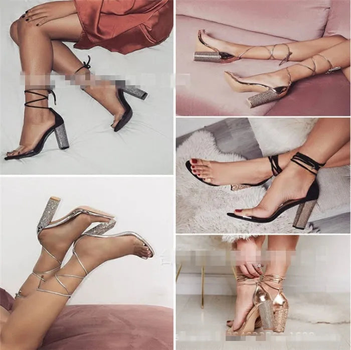 Women's black and gold pointed-toe plastic high heels on a white background