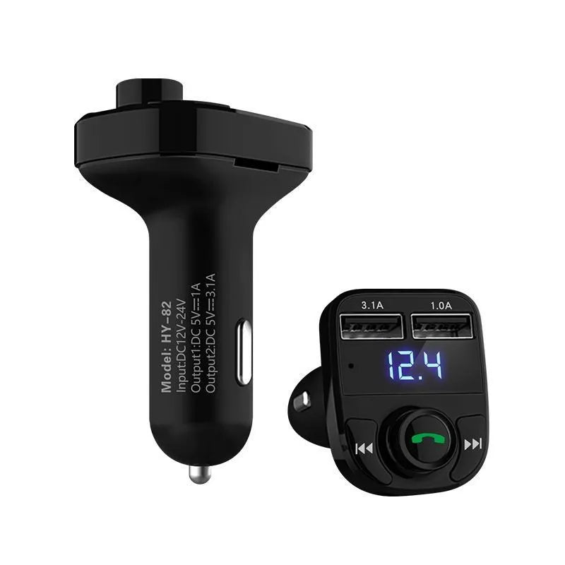 HY82 car Bluetooth MP3 player unit for cigarette lighter socket with USB ports and display.