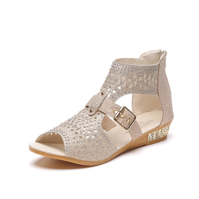 Women's beige wedge sandals with a back zipper and fish mouth toe design