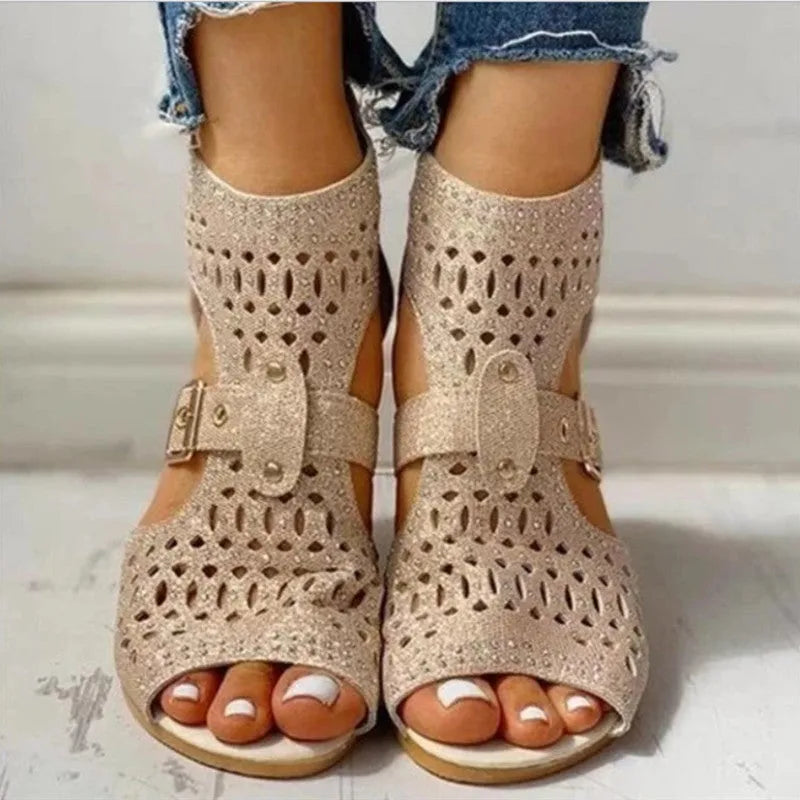 Women's beige wedge sandals with a back zipper and fish mouth toe design