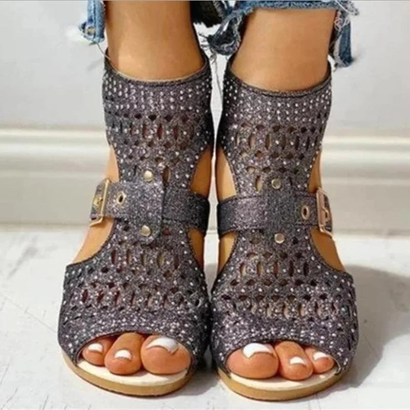 Women's beige wedge sandals with a back zipper and fish mouth toe design