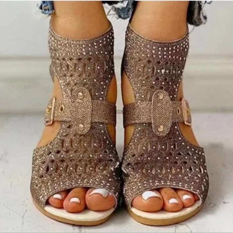 Women's beige wedge sandals with a back zipper and fish mouth toe design