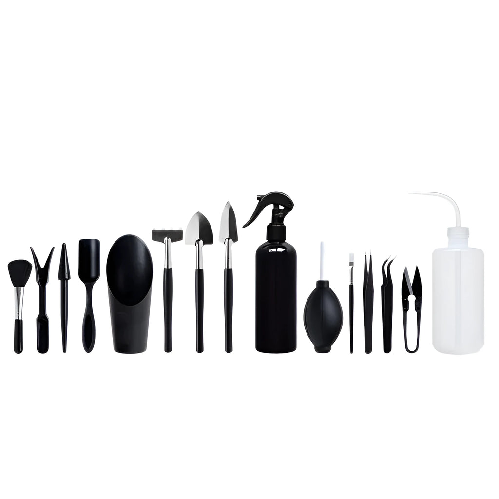 Black mini succulent garden tool set showing scissors, tweezers, shovels, rake, watering bottles, and a cushion for small plant care.