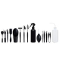 Black mini succulent garden tool set showing scissors, tweezers, shovels, rake, watering bottles, and a cushion for small plant care.
