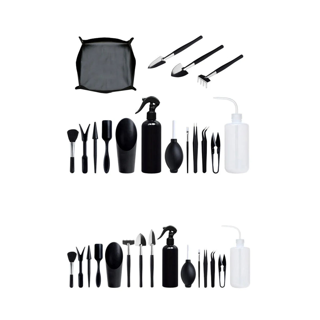 Black mini succulent garden tool set showing scissors, tweezers, shovels, rake, watering bottles, and a cushion for small plant care.