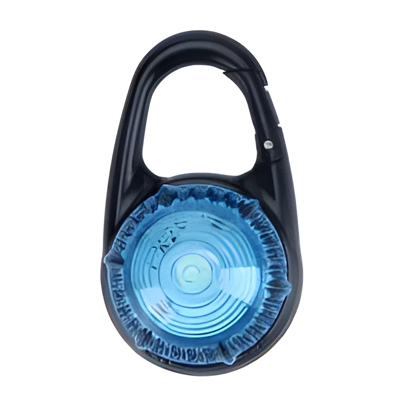 LED flashing pet collar safety pendant in seven colours, 57mm x 33mm, with hanging buckle on a black dog collar