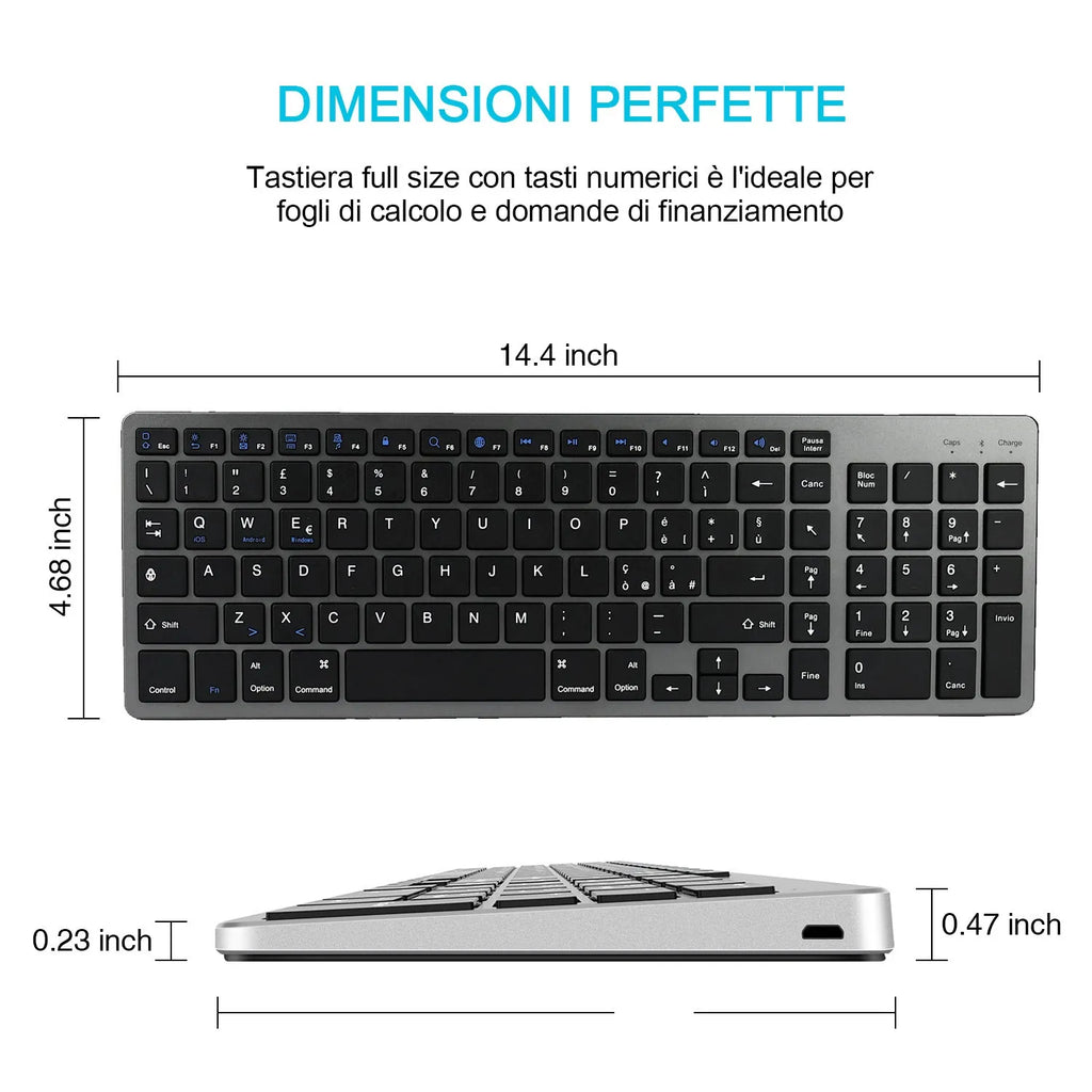 Thin black Bluetooth keyboard with 104 keys next to tablet showing wireless connection