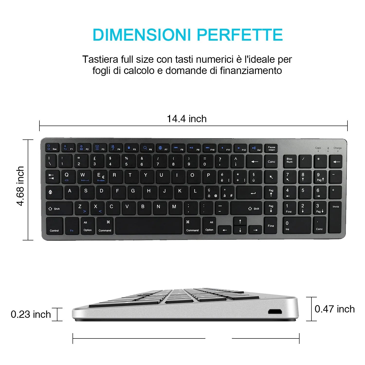 Thin black Bluetooth keyboard with 104 keys next to tablet showing wireless connection