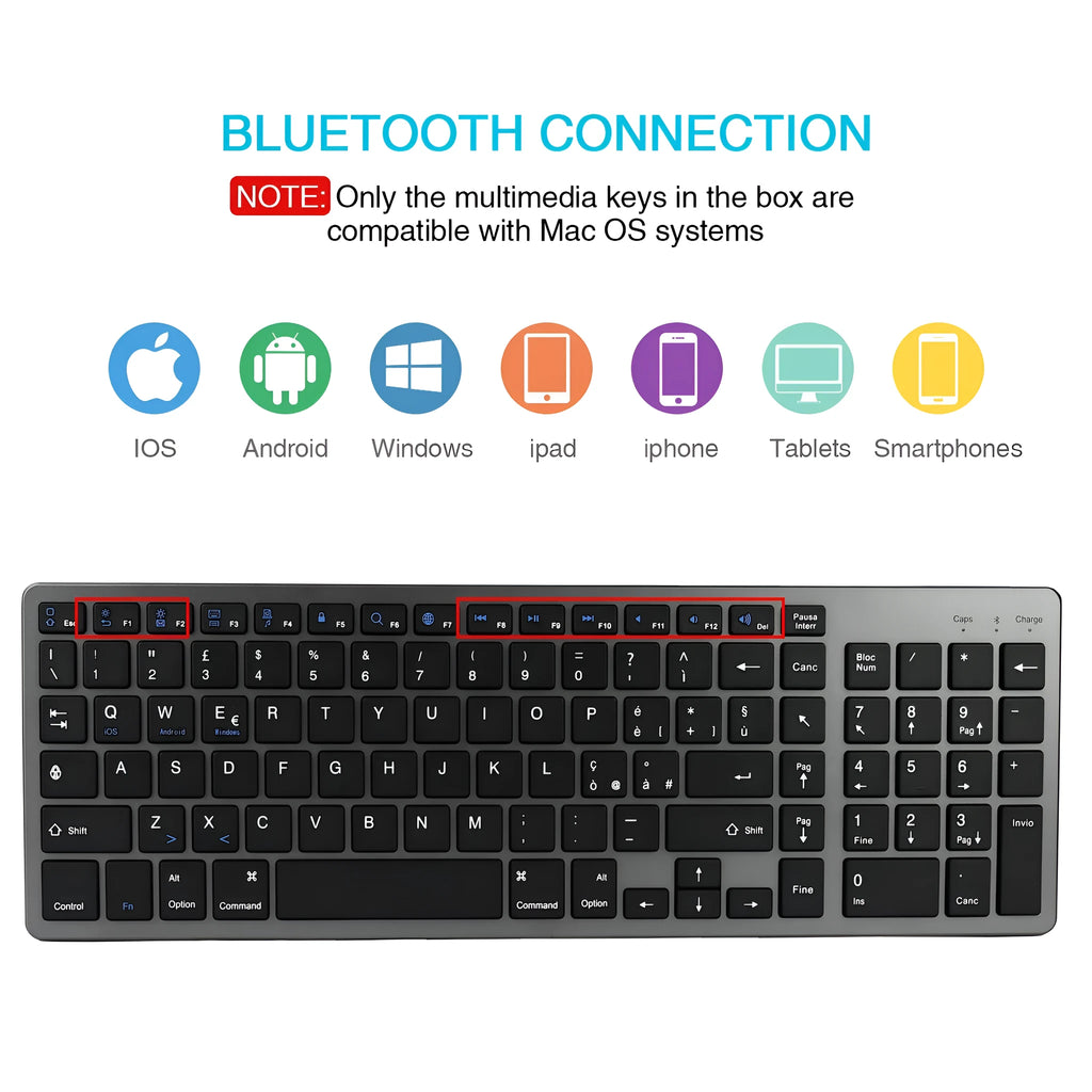 Thin black Bluetooth keyboard with 104 keys next to tablet showing wireless connection