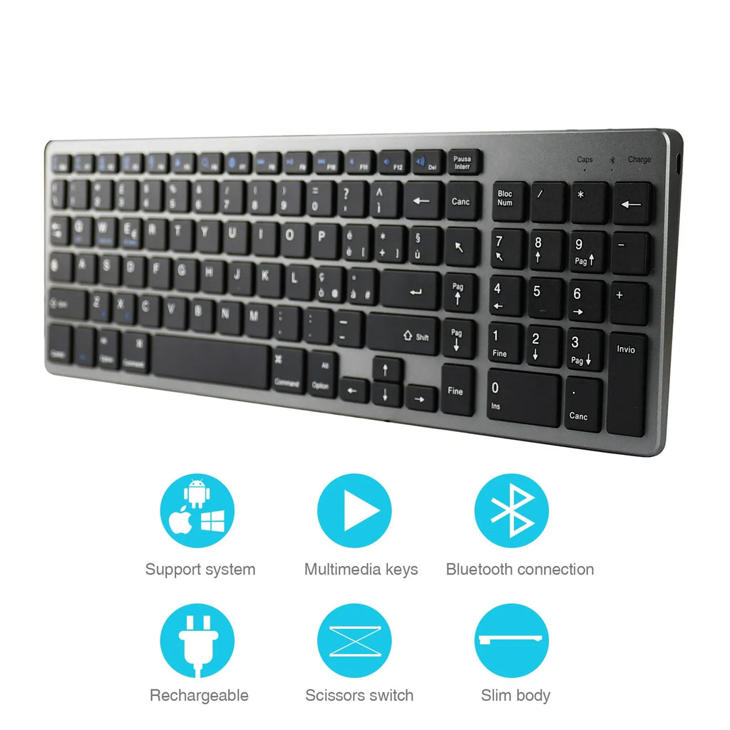 Thin black Bluetooth keyboard with 104 keys next to tablet showing wireless connection