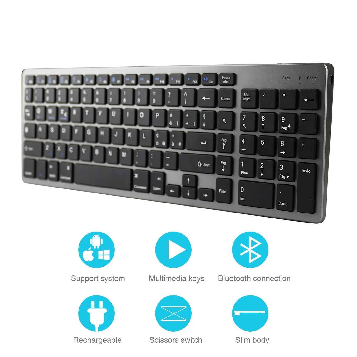 Thin black Bluetooth keyboard with 104 keys next to tablet showing wireless connection