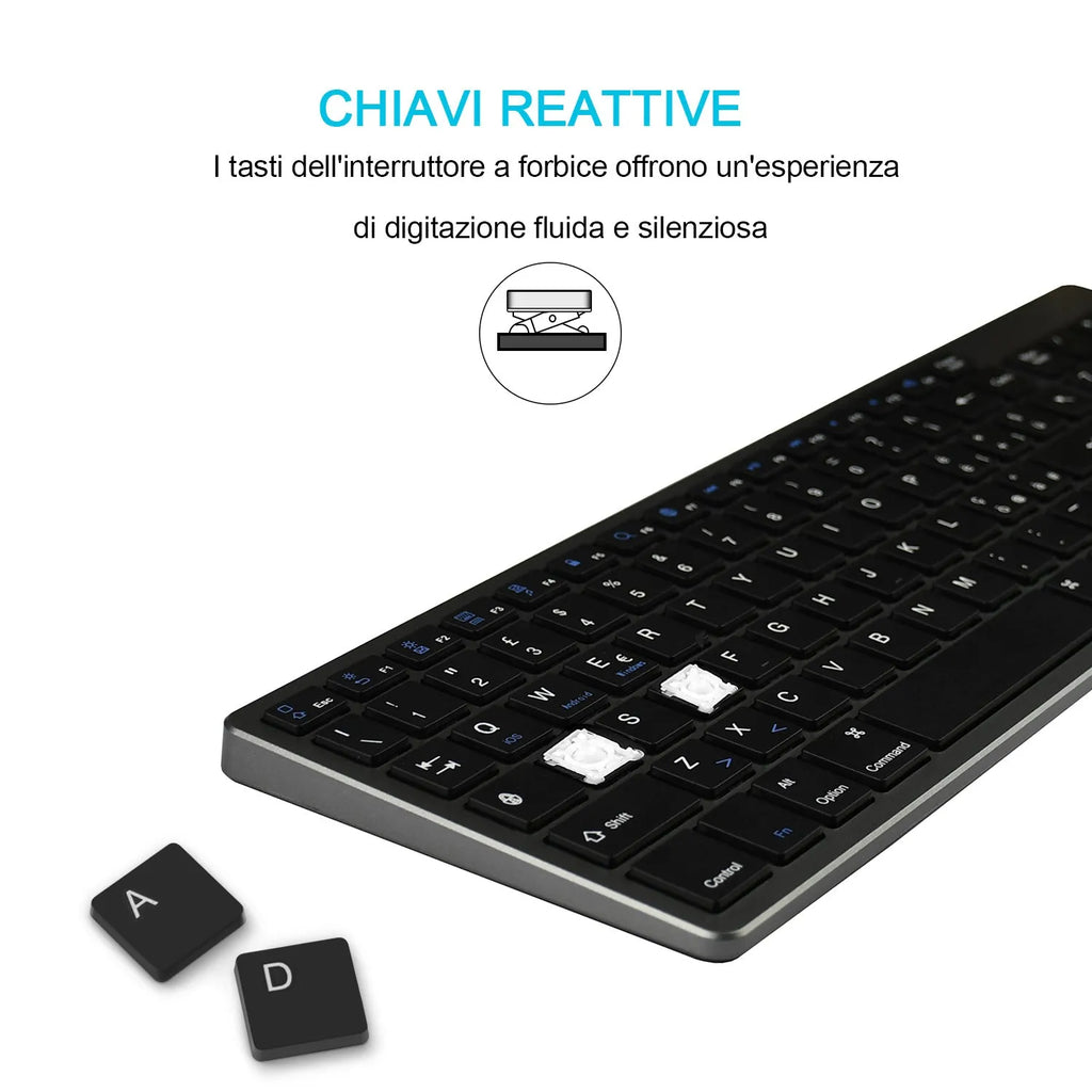 Thin black Bluetooth keyboard with 104 keys next to tablet showing wireless connection