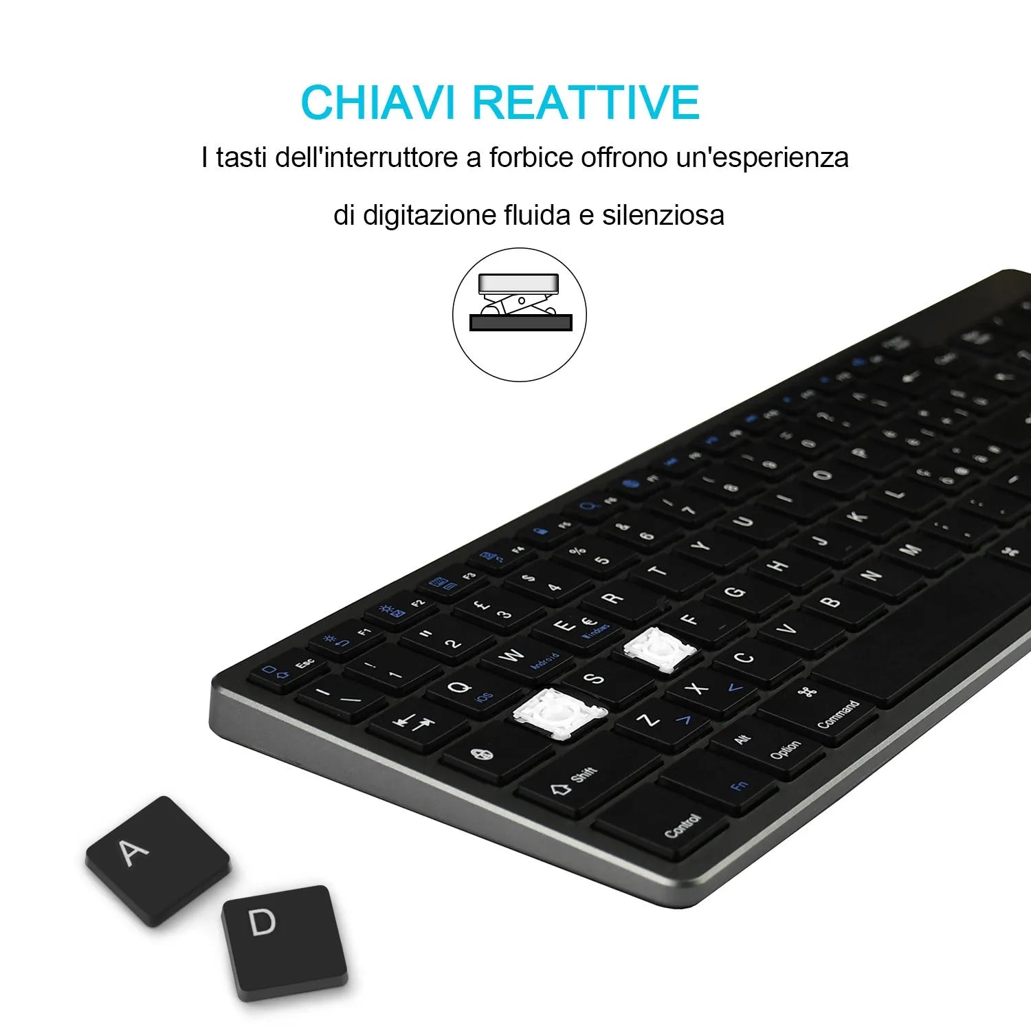 Thin black Bluetooth keyboard with 104 keys next to tablet showing wireless connection