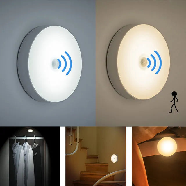 White circular motion sensor LED night light with USB charging cable and adhesive tape