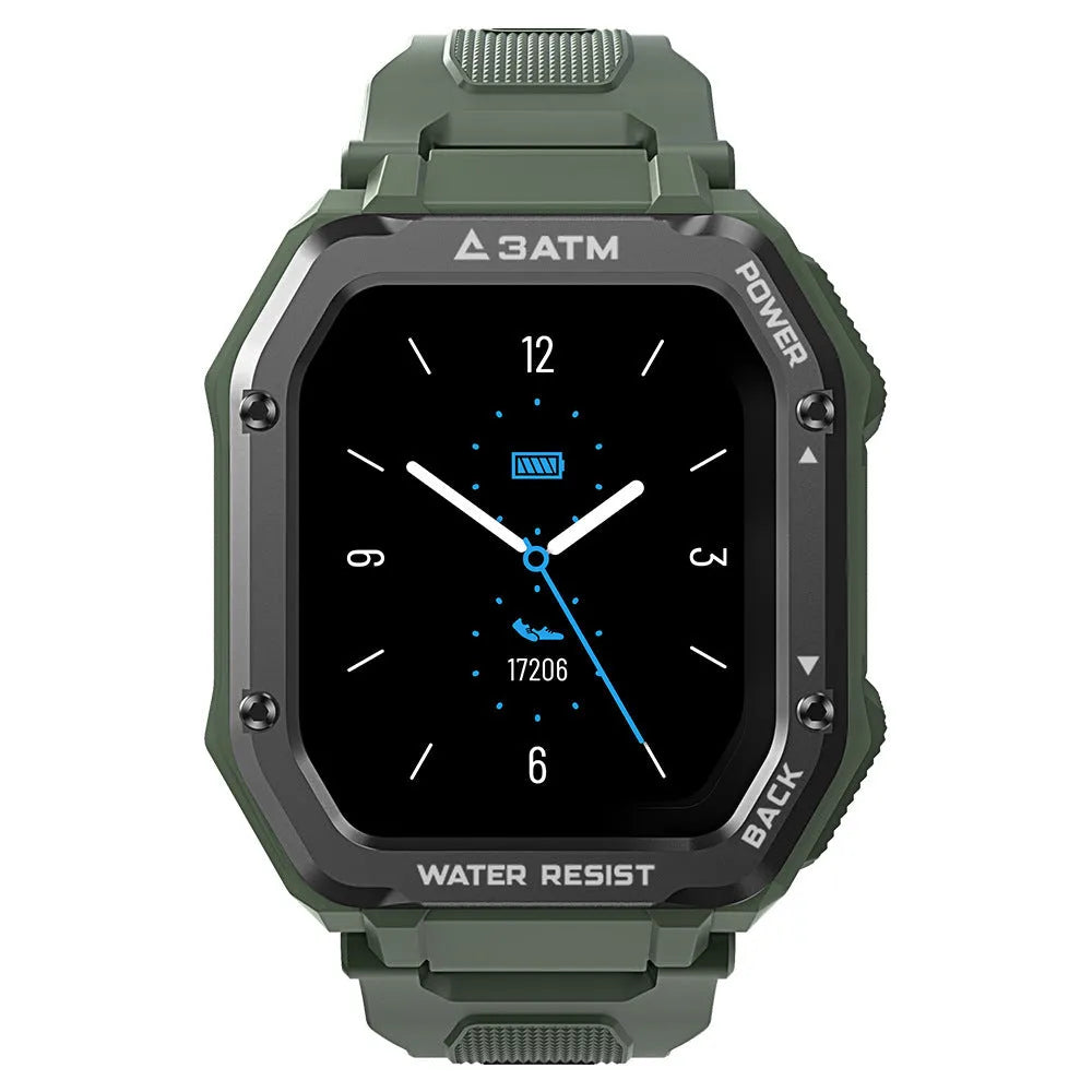 Army green outdoor sports smart watch with 1.69-inch screen showing sports tracking interface