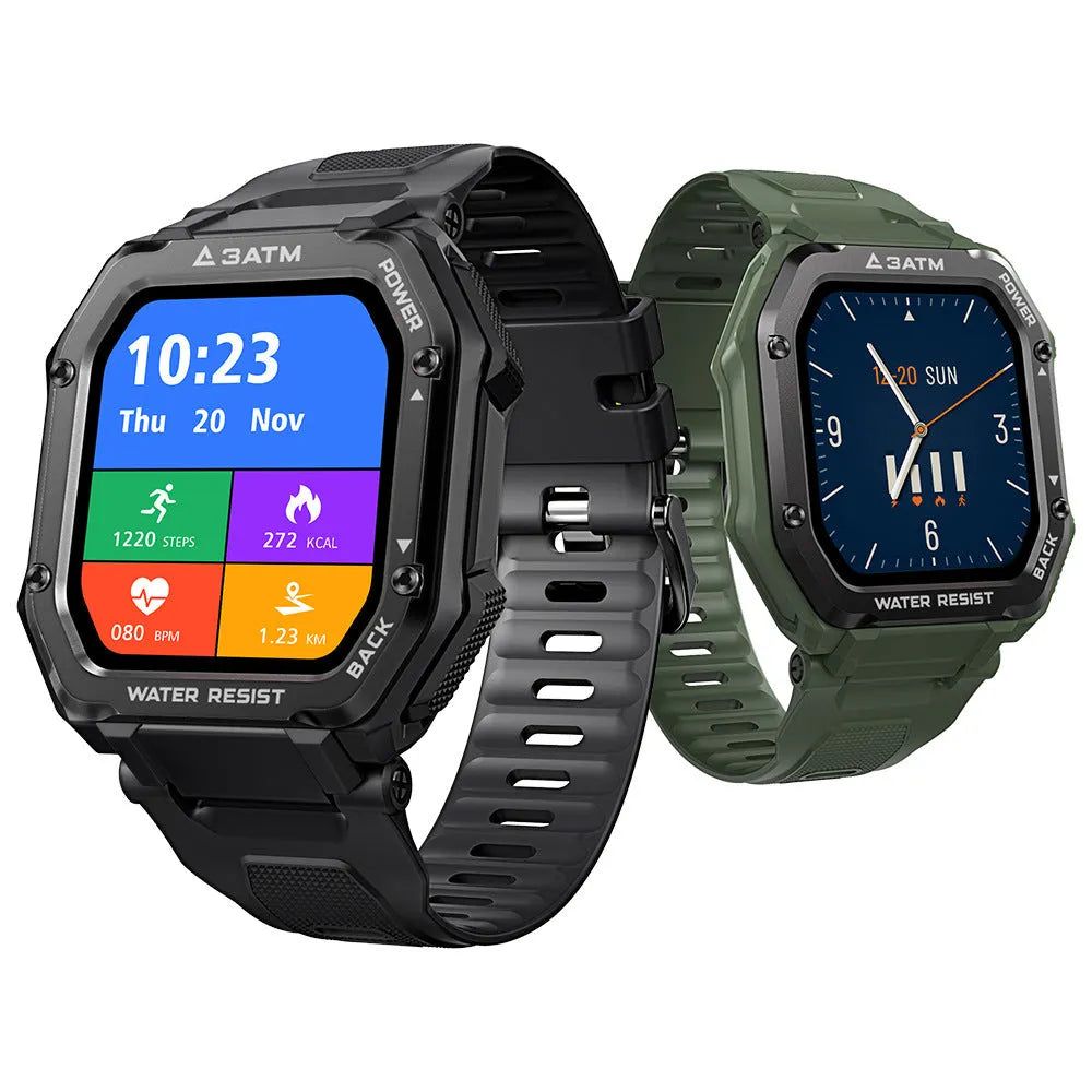 Army green outdoor sports smart watch with 1.69-inch screen showing sports tracking interface