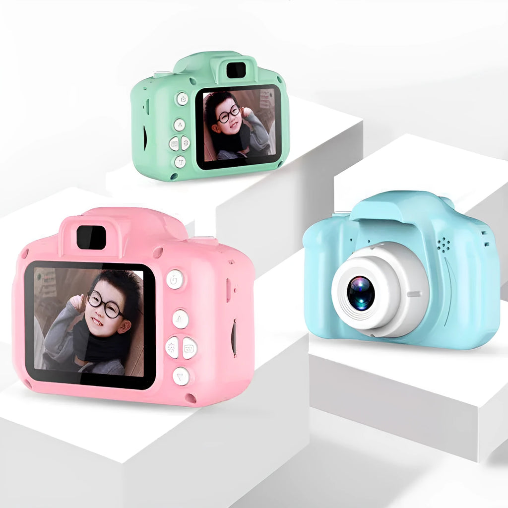 Children's HD digital waterproof camera in blue, showing 2.3 inch LCD screen and compact 80x60mm body