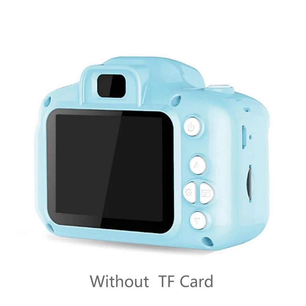 Children's HD digital waterproof camera in blue, showing 2.3 inch LCD screen and compact 80x60mm body