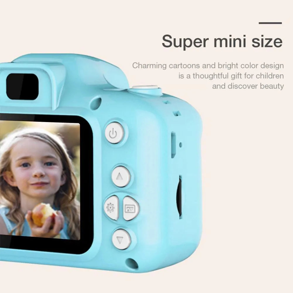 Children's HD digital waterproof camera in blue, showing 2.3 inch LCD screen and compact 80x60mm body