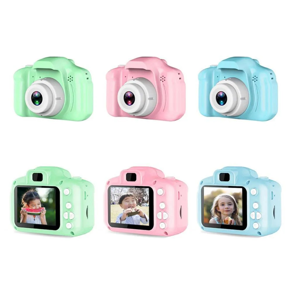 Children's HD digital waterproof camera in blue, showing 2.3 inch LCD screen and compact 80x60mm body