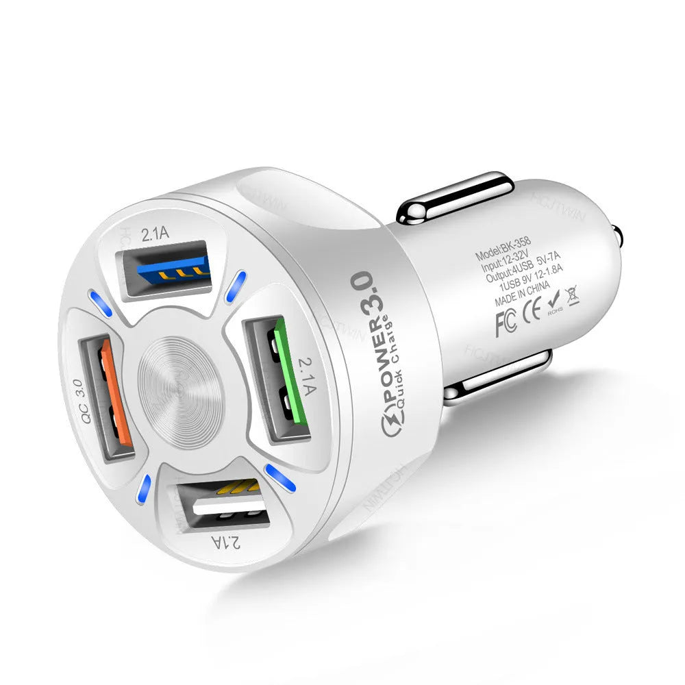 Black 4-port QC3.0 fast charge car charger with ABS body, 3.8cm cube