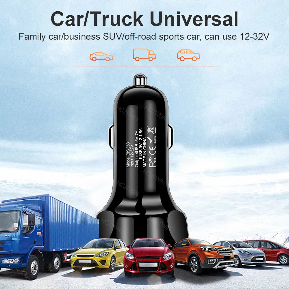 Black 4-port QC3.0 fast charge car charger with ABS body, 3.8cm cube