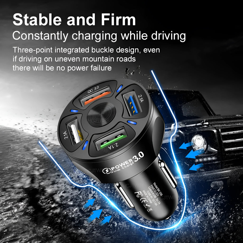 Black 4-port QC3.0 fast charge car charger with ABS body, 3.8cm cube