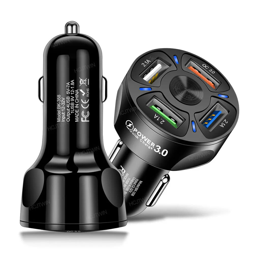 Black 4-port QC3.0 fast charge car charger with ABS body, 3.8cm cube