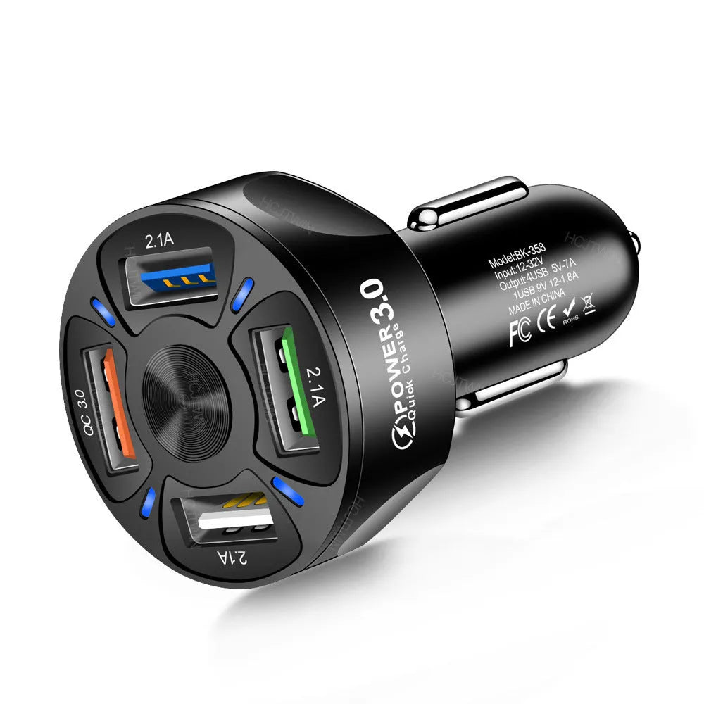 Black 4-port QC3.0 fast charge car charger with ABS body, 3.8cm cube
