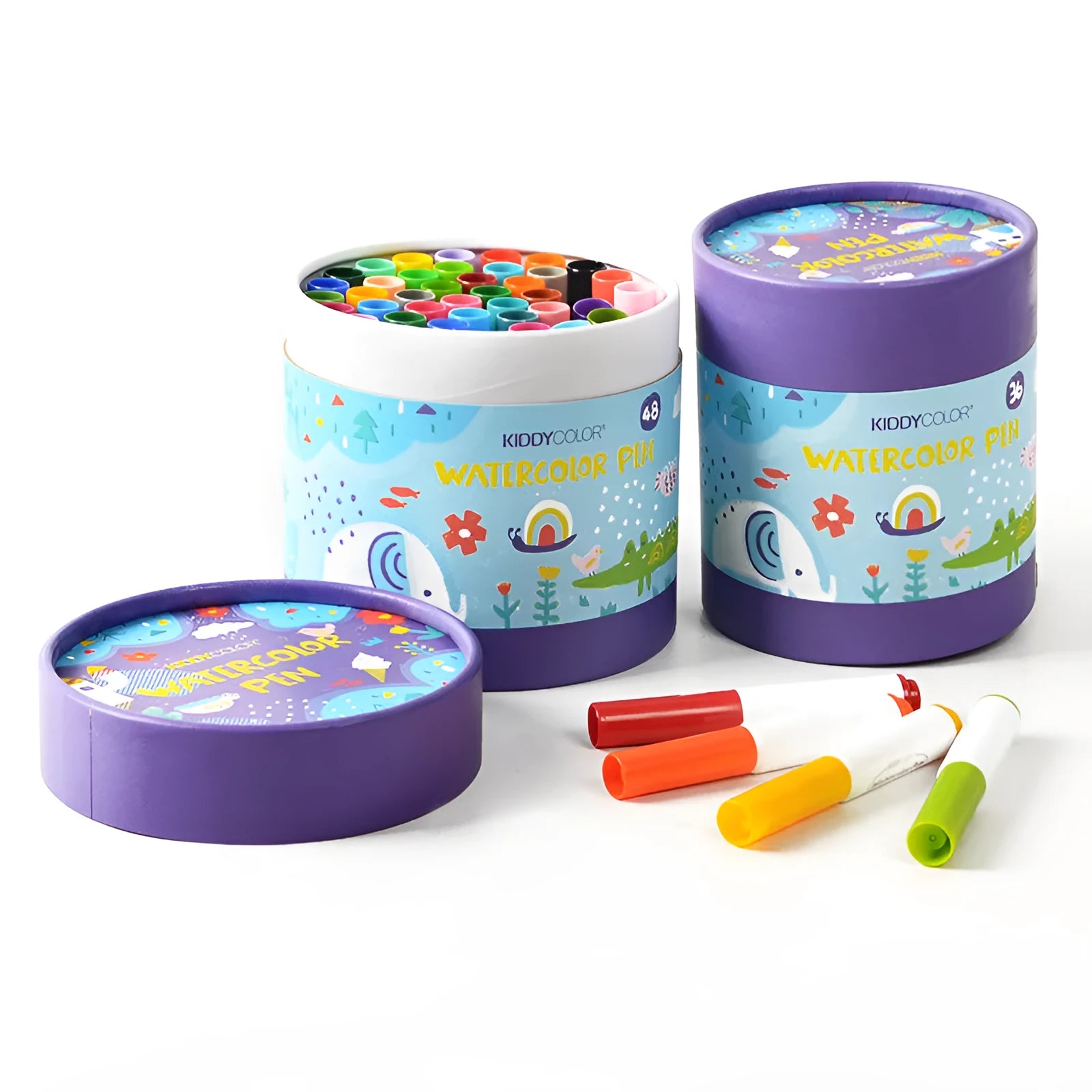Set of children's washable watercolour pens in plastic barrels, either 36 or 48 colours