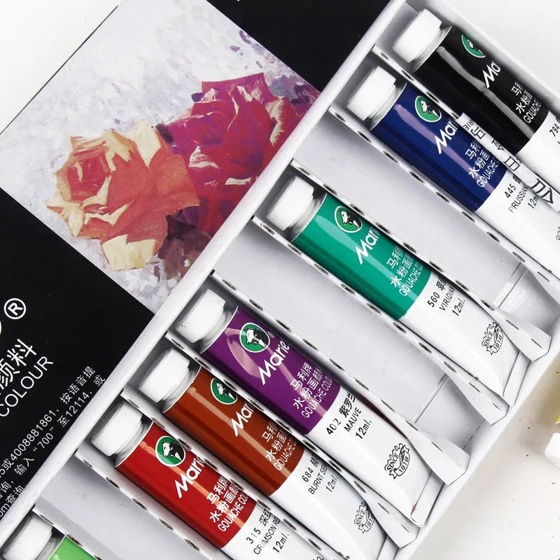 Boxed Marley gouache paint set with 12ml tubes available in 12, 18, or 24 colour configurations